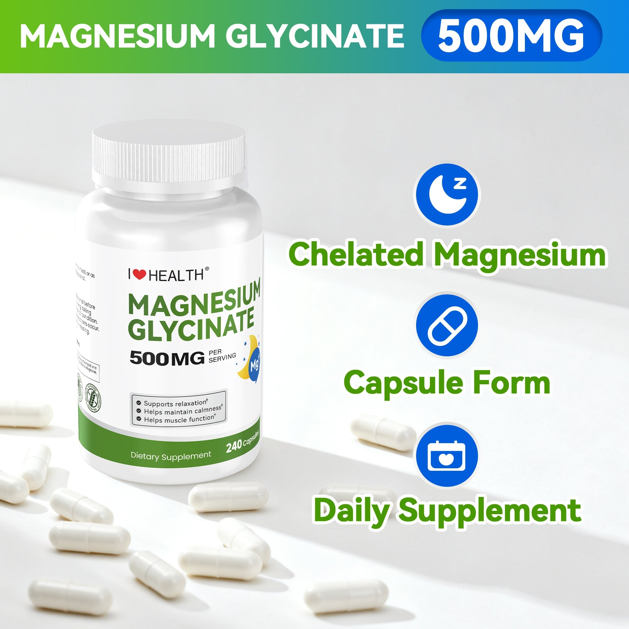 Magnesium Glycinate  – 240 Capsules – High Absorption Magnesium Supplement for Relaxation, Calmness & Muscle Support – Gentle on Stomach – Made in USA