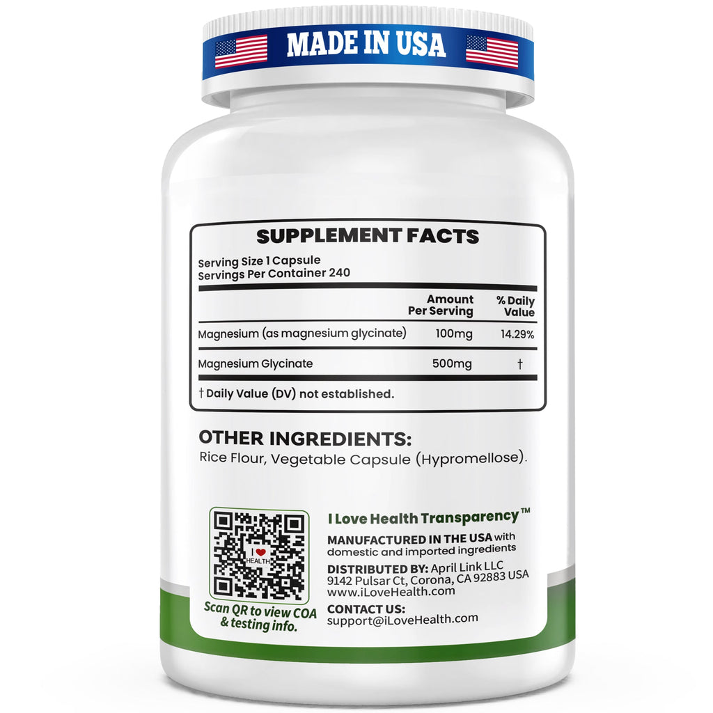 Magnesium Glycinate  – 240 Capsules – High Absorption Magnesium Supplement for Relaxation, Calmness & Muscle Support – Gentle on Stomach – Made in USA