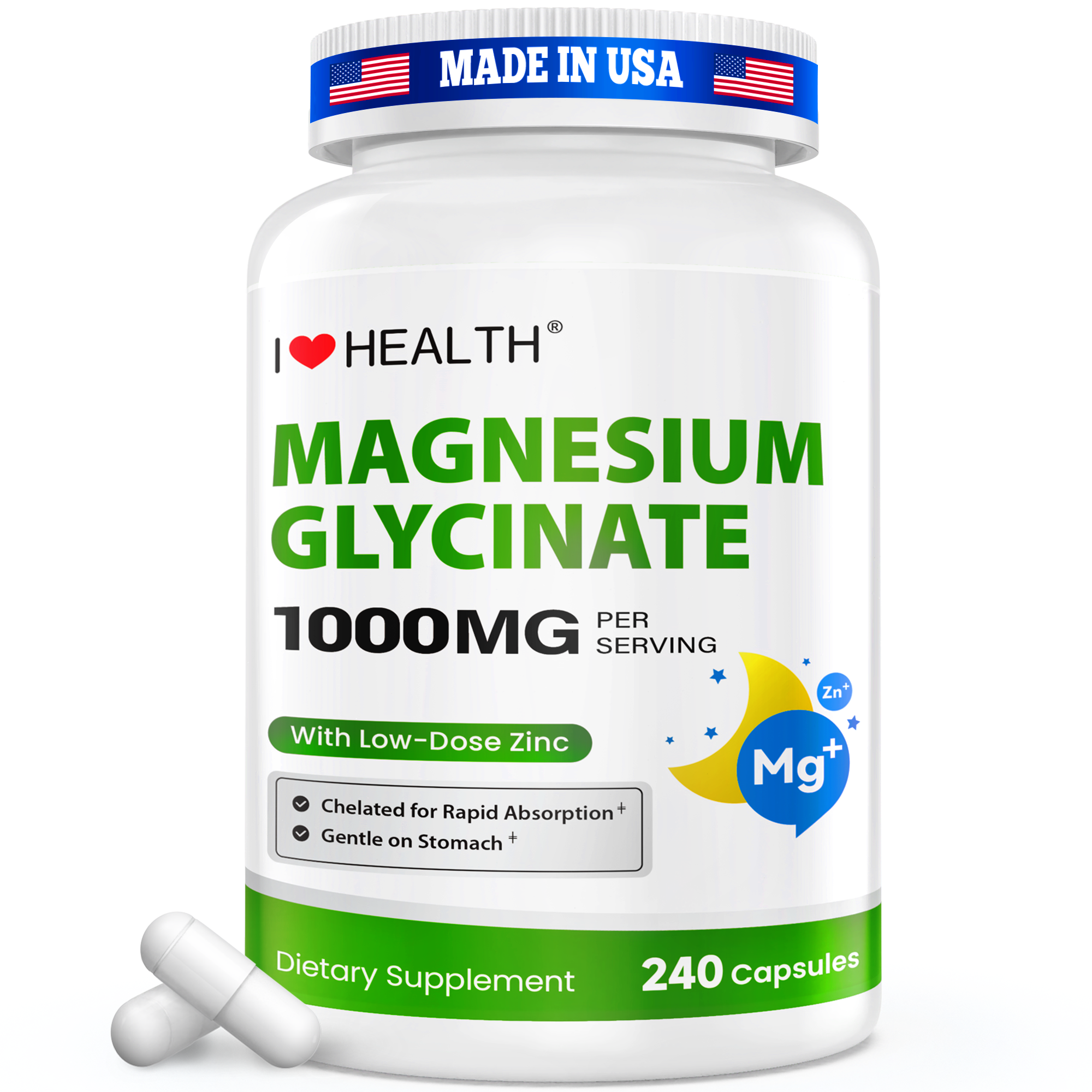 Magnesium Glycinate  – 240 Capsules – High Absorption Magnesium Supplement for Relaxation, Calmness & Muscle Support – Gentle on Stomach – Made in USA