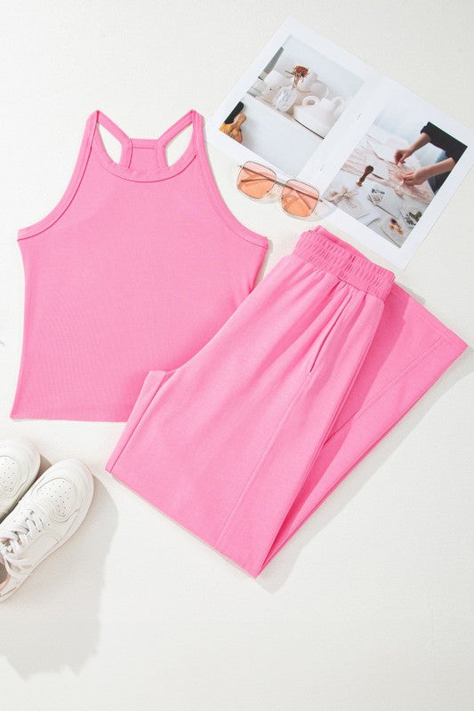 Solid Ribbed Tank Top & Sweatpants Set