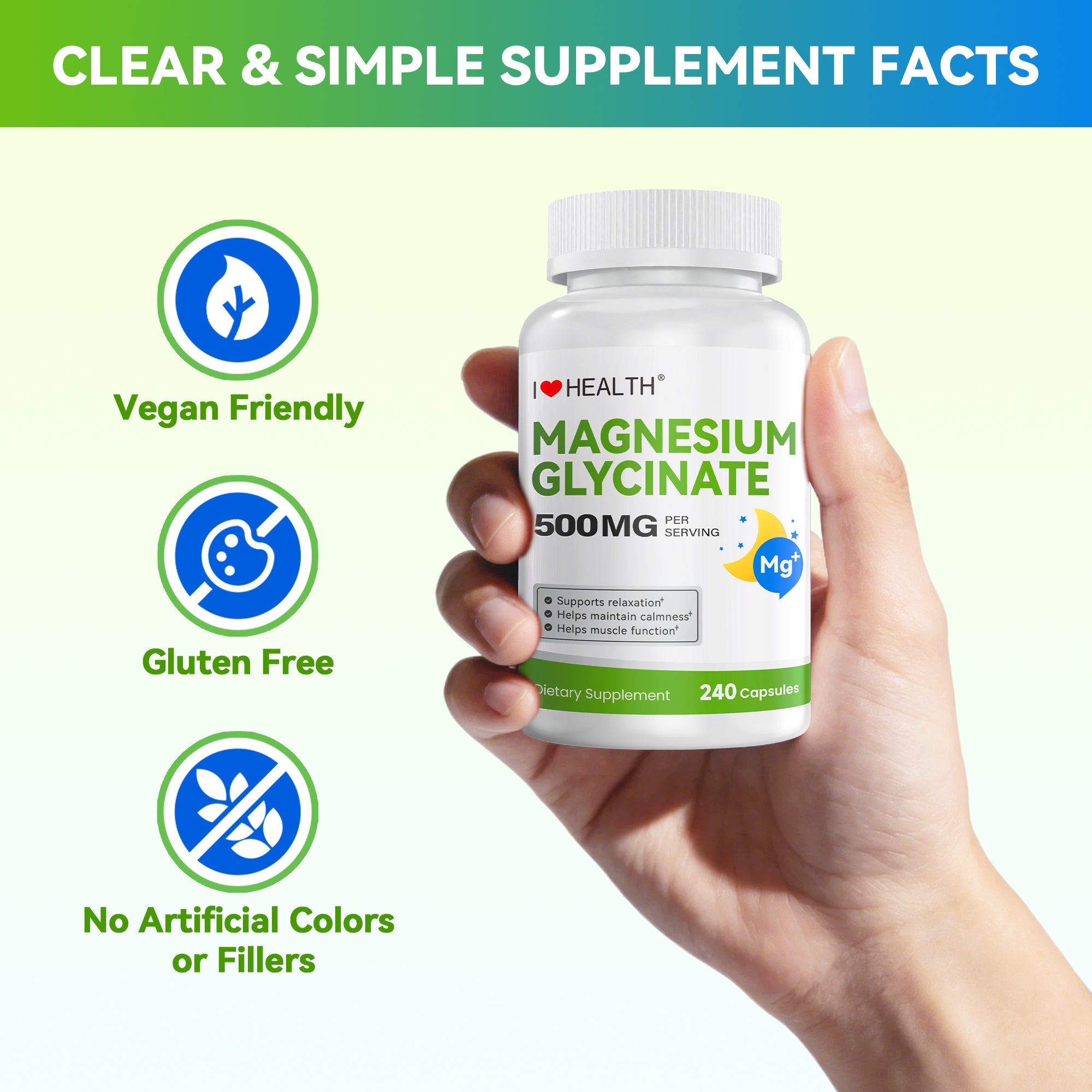 Magnesium Glycinate  – 240 Capsules – High Absorption Magnesium Supplement for Relaxation, Calmness & Muscle Support – Gentle on Stomach – Made in USA