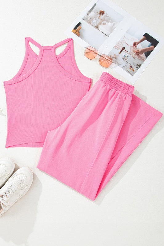 Solid Ribbed Tank Top & Sweatpants Set