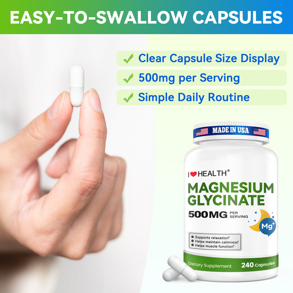 Magnesium Glycinate  – 240 Capsules – High Absorption Magnesium Supplement for Relaxation, Calmness & Muscle Support – Gentle on Stomach – Made in USA