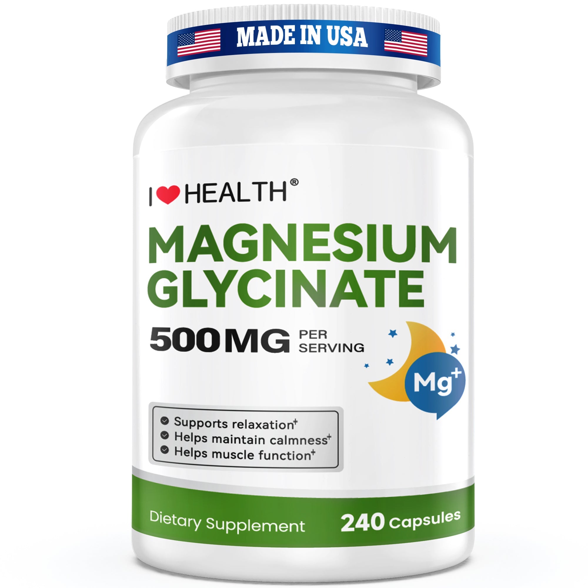 Magnesium Glycinate  – 240 Capsules – High Absorption Magnesium Supplement for Relaxation, Calmness & Muscle Support – Gentle on Stomach – Made in USA