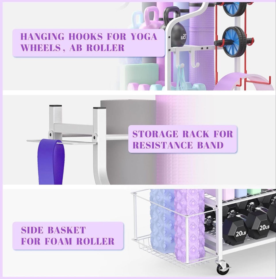 Mythinglogic Yoga Mat Storage Racks, Home Gym Storage Rack for Dumbbells Kettlebells Foam Roller, Yoga Strap and Resistance Bands, Workout Equipment Storage Organizer With Hooks and Wheels