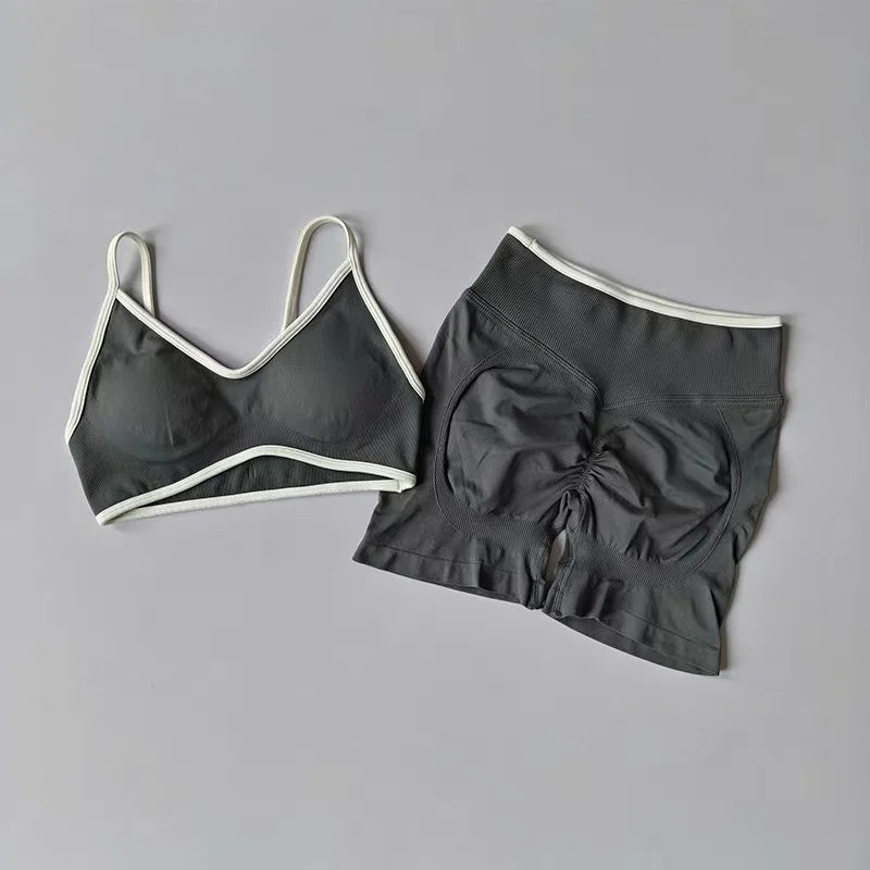 LW Kinetic Contrast Activewear Set – Women's Seamless Suspender Bra & Sculpting Fitness Leggings
