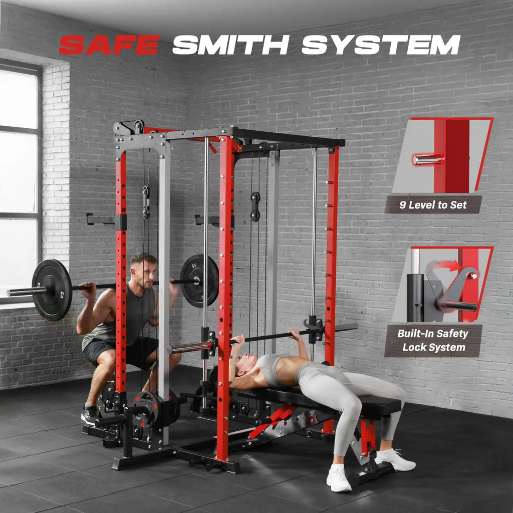 NLW All-in-One Smith Machine Home Gym – Multi-Functional Power Cage with Independent Dual Cable Crossover & 20+ Accessories for Full Body Workouts