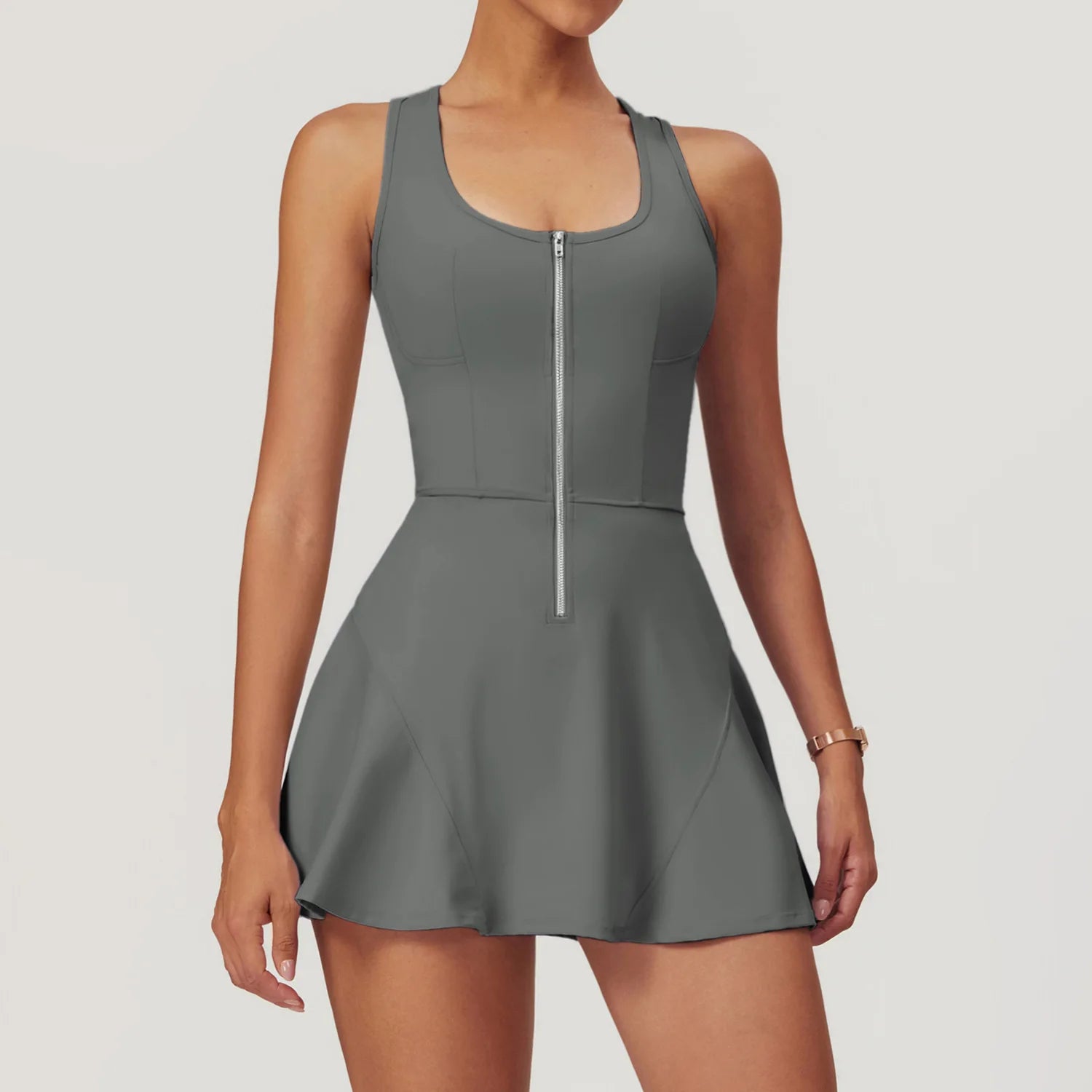 Sleeveless Zipper Yoga Dress Bodysuit