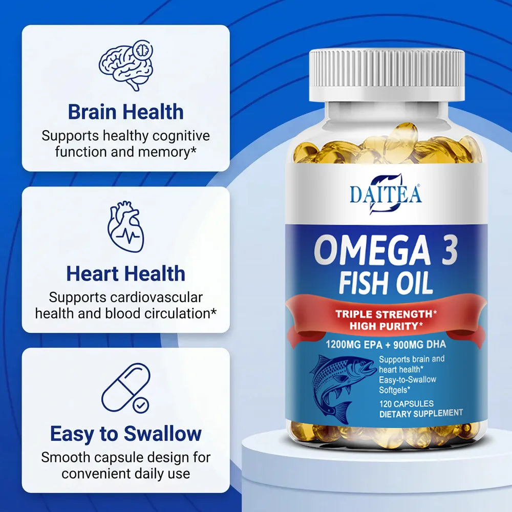 NLW Choice: DAITEA Triple-Strength Omega 3 Fish Oil Capsules – High-Concentration EPA (1200mg) & DHA (900mg)