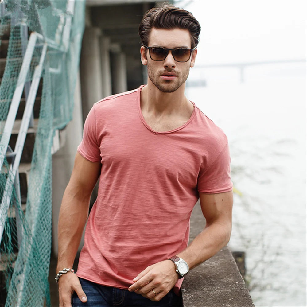 NLW Men’s Premium V-Neck Tee – 100% Cotton Slim Fit Shirt