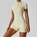 Zipper Short-Sleeve Yoga Bodysuit | Push-Up Gym Tracksuit