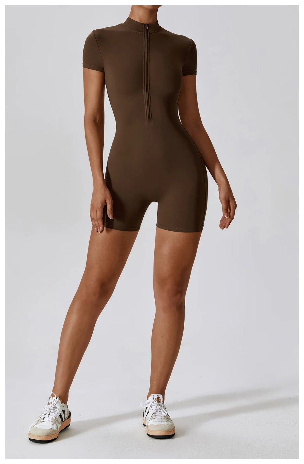 Zipper Short-Sleeve Yoga Bodysuit | Push-Up Gym Tracksuit