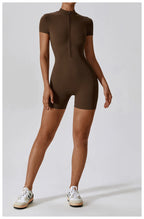 Zipper Short-Sleeve Yoga Bodysuit | Push-Up Gym Tracksuit