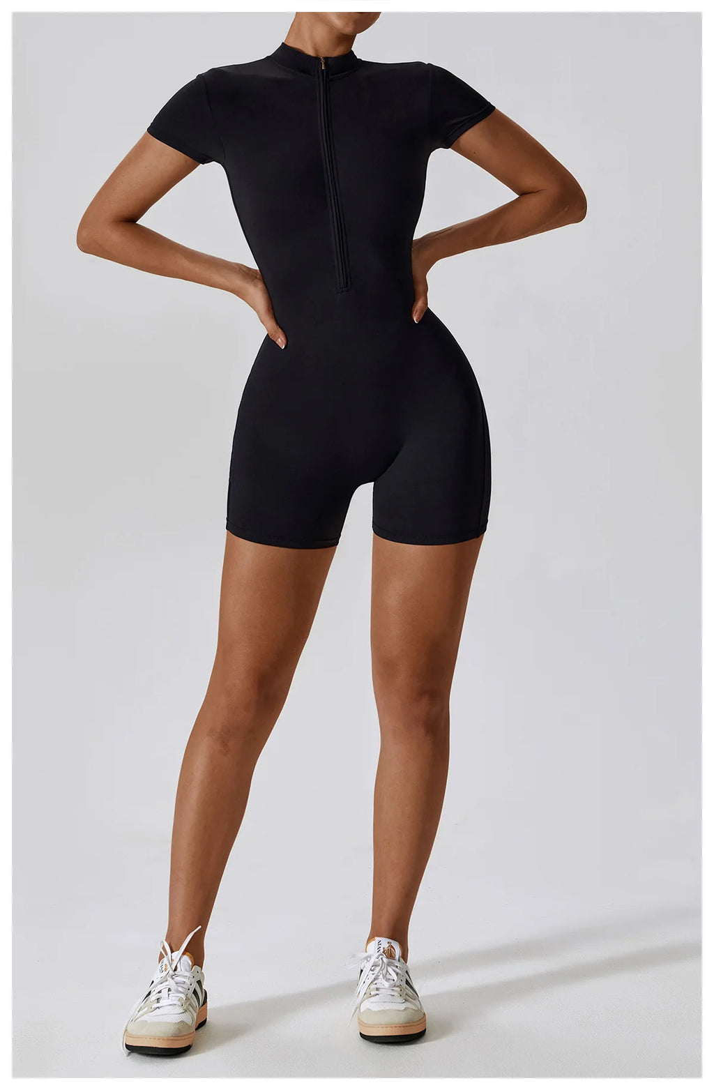 Zipper Short-Sleeve Yoga Bodysuit | Push-Up Gym Tracksuit