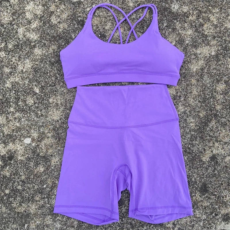 NLW Cross-Back Sports Bra & Short Leggings 2-Piece Tracksuit – Seamless Gym Workout Set