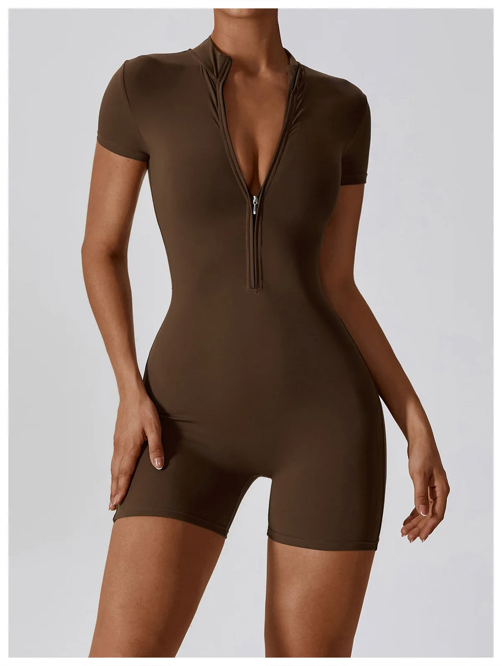 Zipper Short-Sleeve Yoga Bodysuit | Push-Up Gym Tracksuit