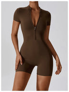 Zipper Short-Sleeve Yoga Bodysuit | Push-Up Gym Tracksuit