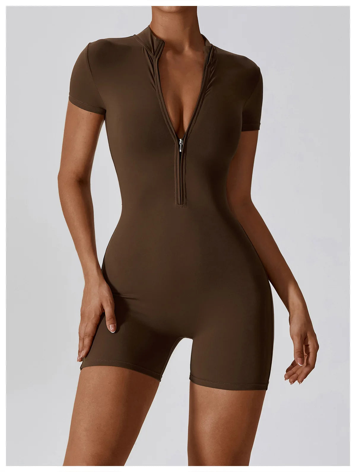 Zipper Short-Sleeve Yoga Bodysuit | Push-Up Gym Tracksuit