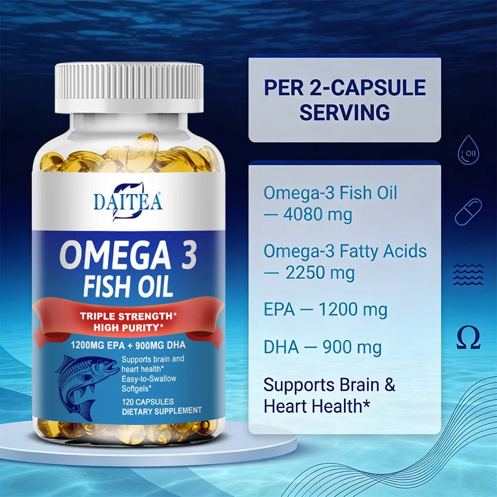 NLW Choice: DAITEA Triple-Strength Omega 3 Fish Oil Capsules – High-Concentration EPA (1200mg) & DHA (900mg)