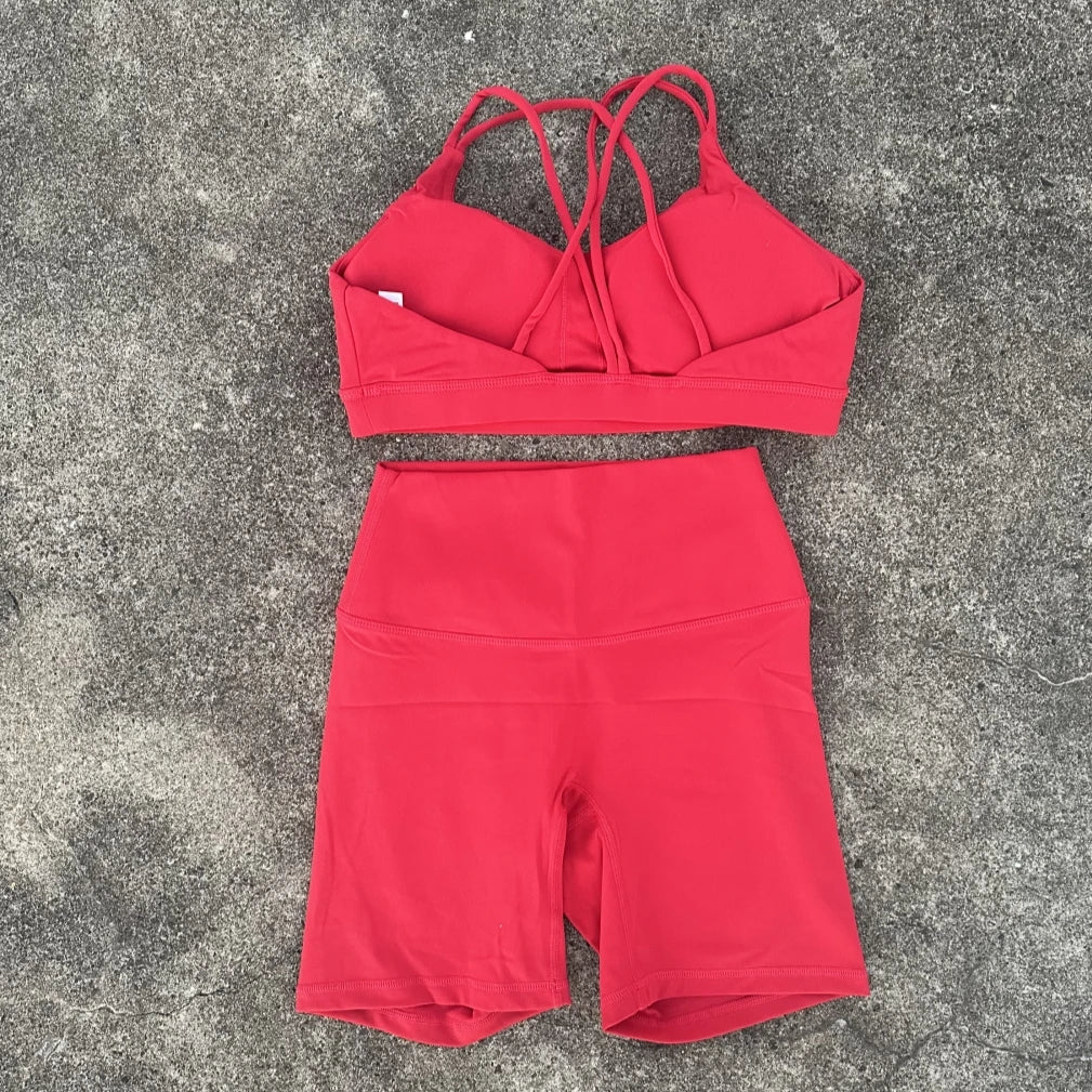 NLW Cross-Back Sports Bra & Short Leggings 2-Piece Tracksuit – Seamless Gym Workout Set