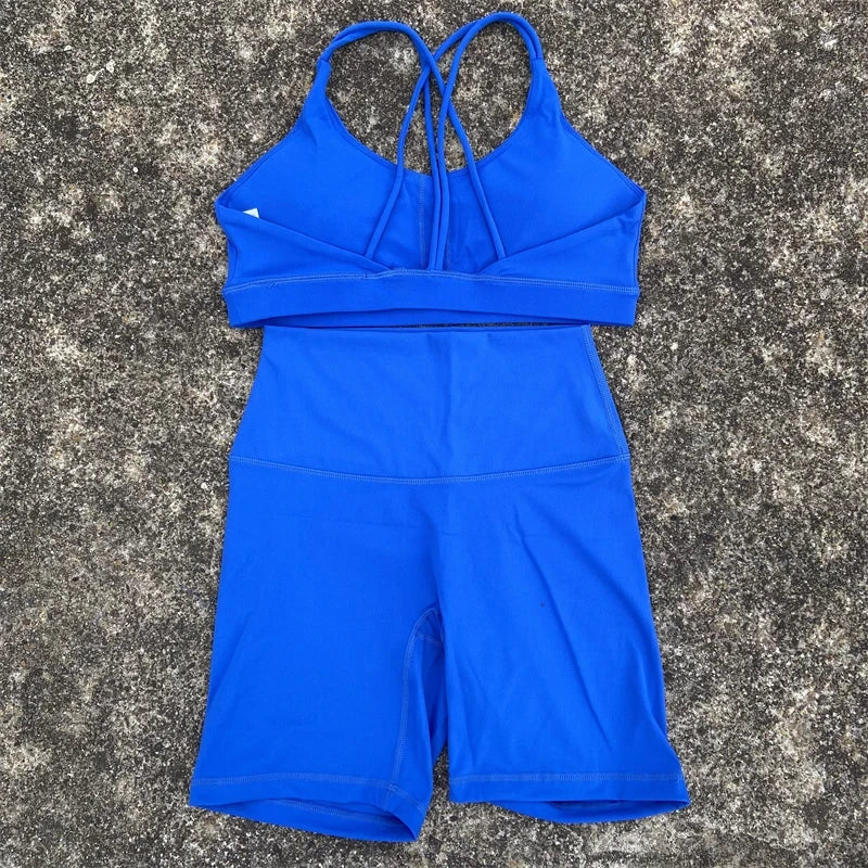 NLW Cross-Back Sports Bra & Short Leggings 2-Piece Tracksuit – Seamless Gym Workout Set