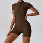 Zipper Short-Sleeve Yoga Bodysuit | Push-Up Gym Tracksuit