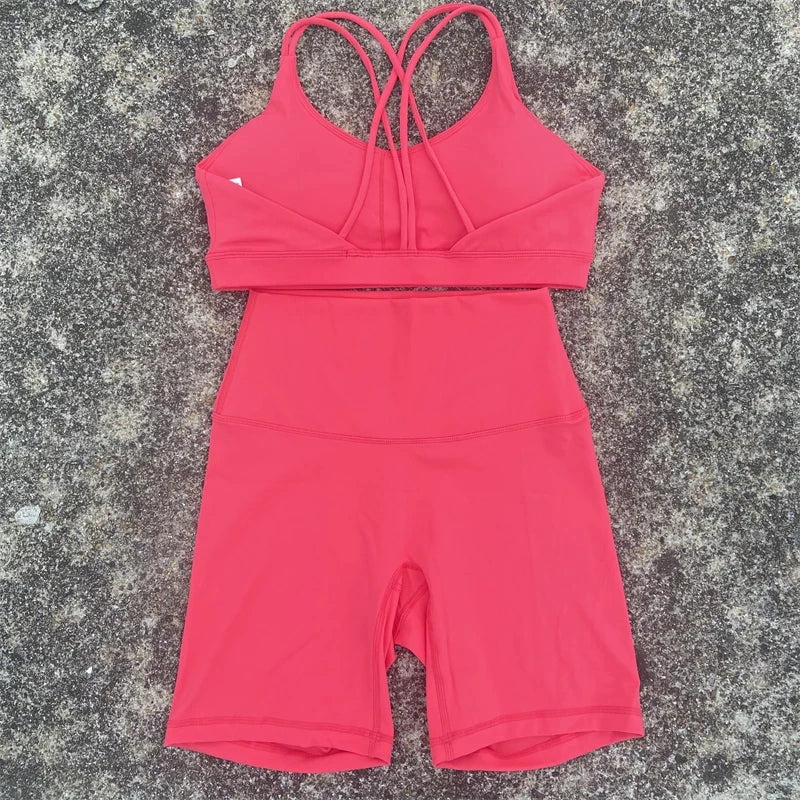 NLW Cross-Back Sports Bra & Short Leggings 2-Piece Tracksuit – Seamless Gym Workout Set