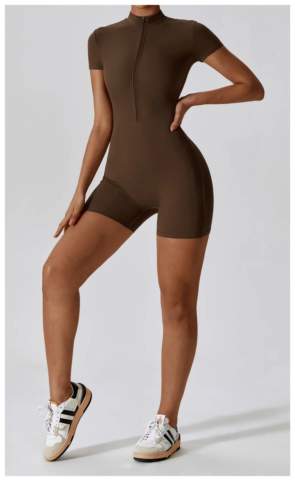 Zipper Short-Sleeve Yoga Bodysuit | Push-Up Gym Tracksuit