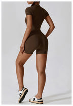 Zipper Short-Sleeve Yoga Bodysuit | Push-Up Gym Tracksuit