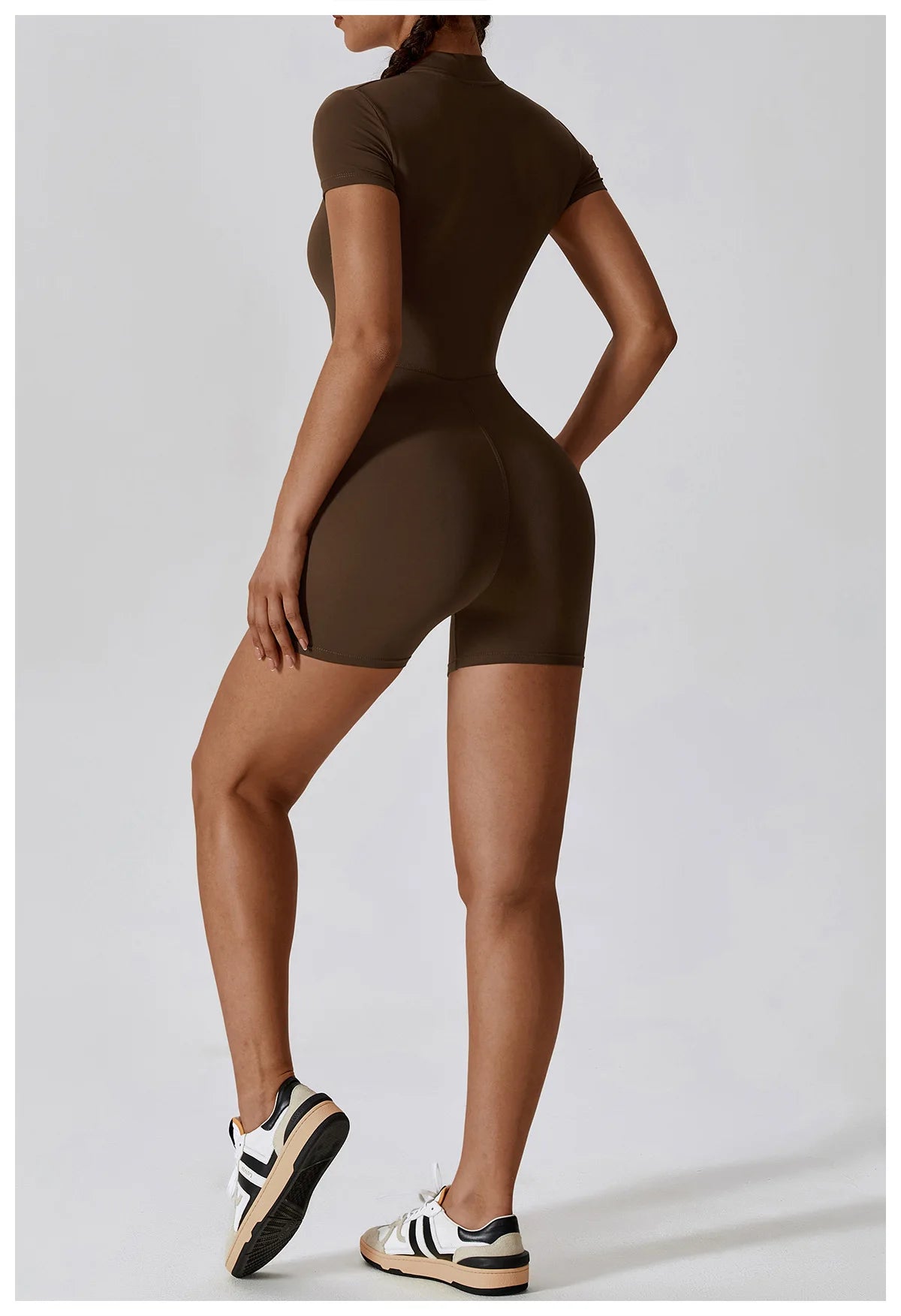 Zipper Short-Sleeve Yoga Bodysuit | Push-Up Gym Tracksuit