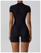 Zipper Short-Sleeve Yoga Bodysuit | Push-Up Gym Tracksuit