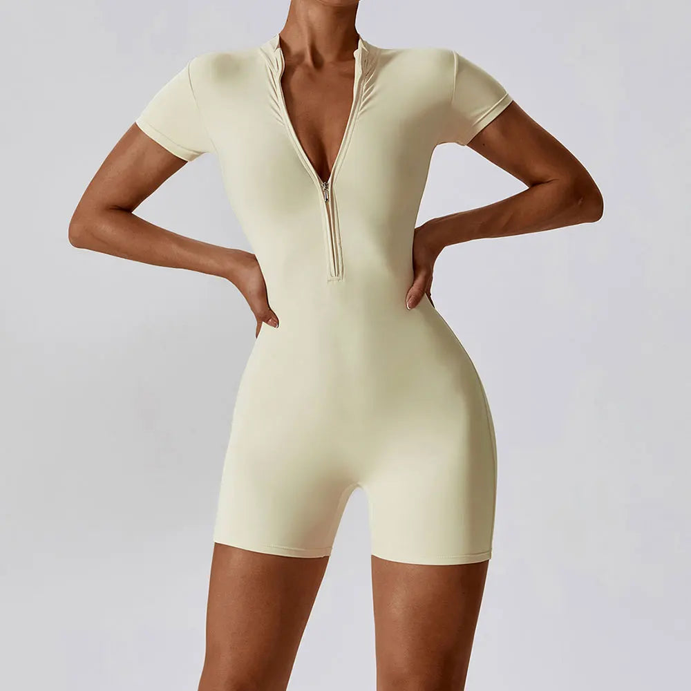 Zipper Short-Sleeve Yoga Bodysuit | Push-Up Gym Tracksuit