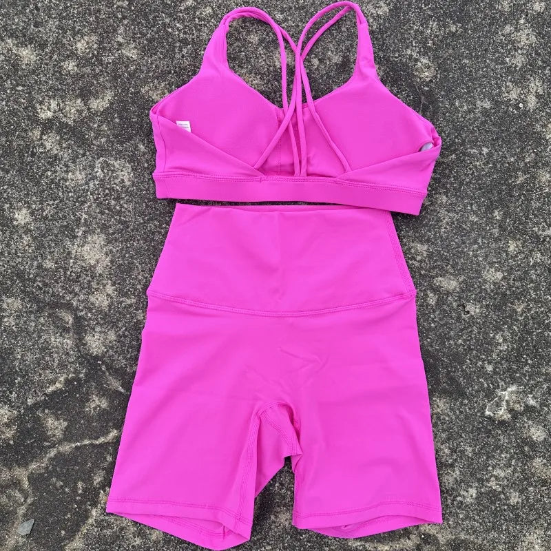 NLW Cross-Back Sports Bra & Short Leggings 2-Piece Tracksuit – Seamless Gym Workout Set
