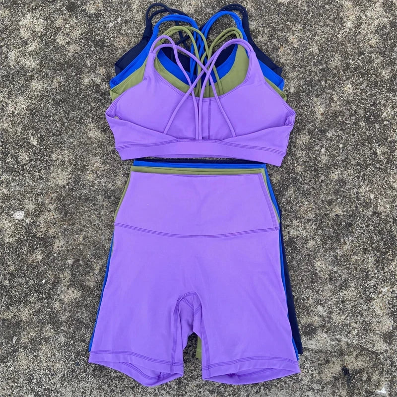 NLW Cross-Back Sports Bra & Short Leggings 2-Piece Tracksuit – Seamless Gym Workout Set