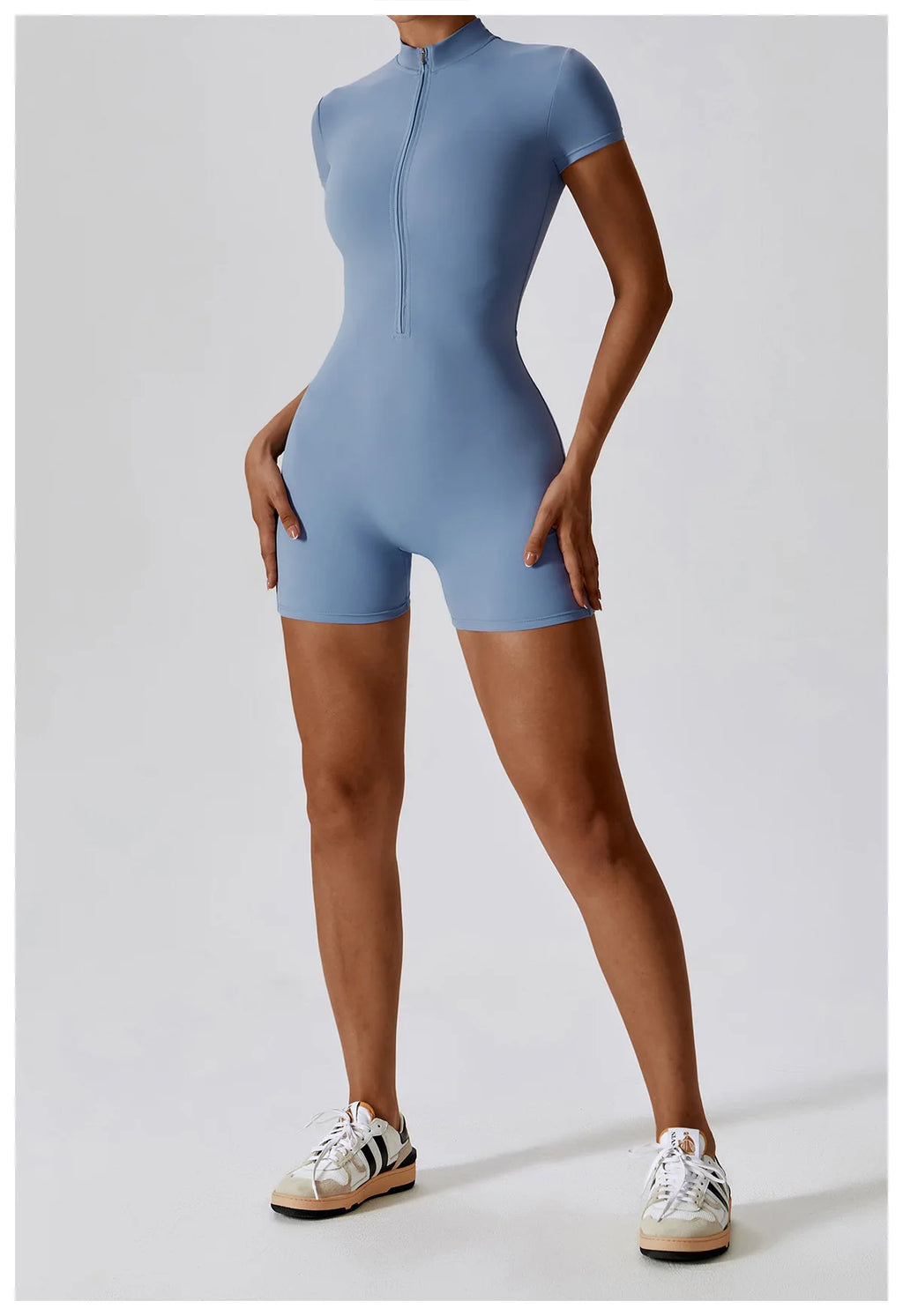 Zipper Short-Sleeve Yoga Bodysuit | Push-Up Gym Tracksuit