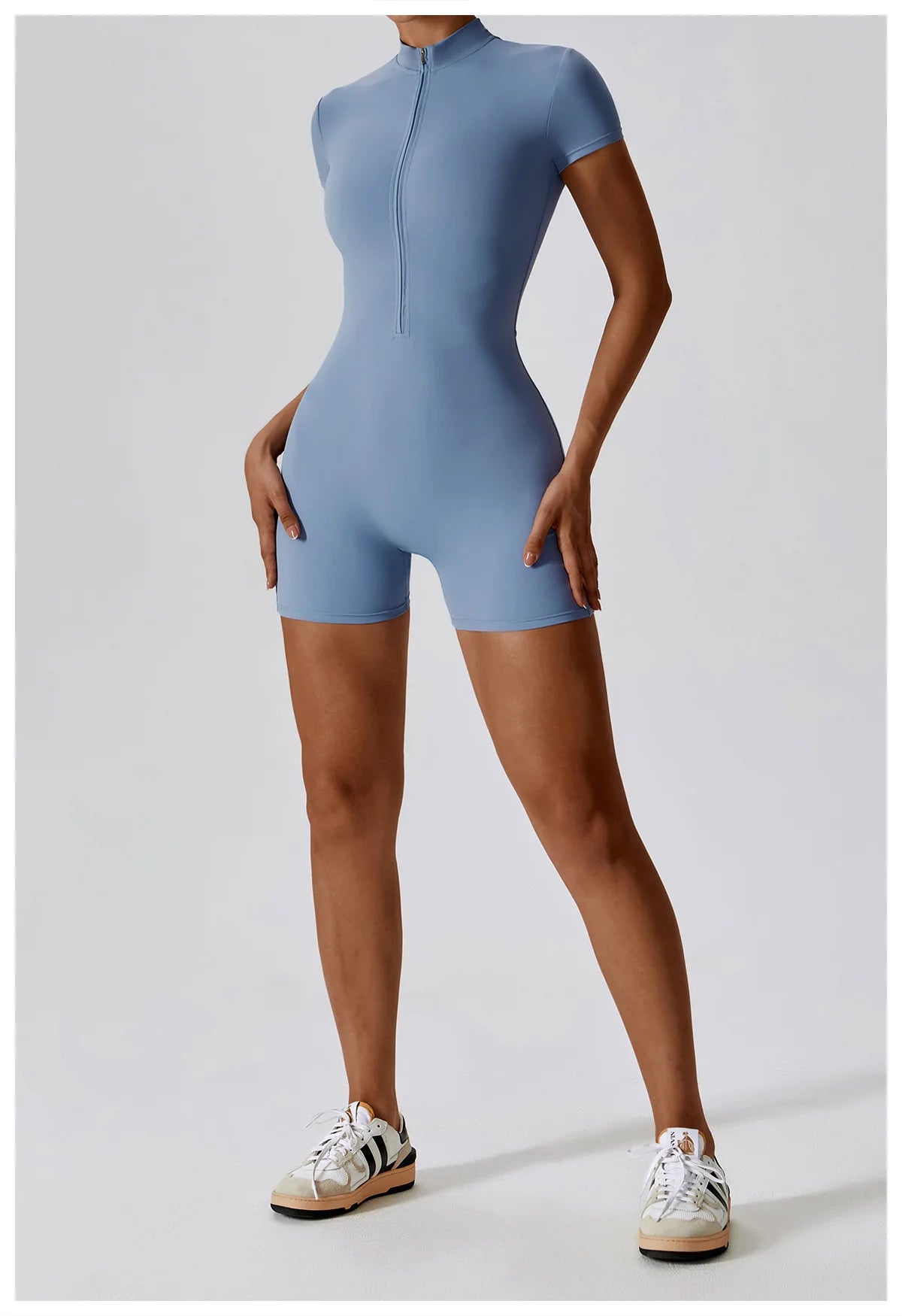 Zipper Short-Sleeve Yoga Bodysuit | Push-Up Gym Tracksuit
