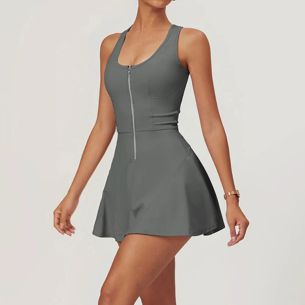 Sleeveless Zipper Yoga Dress Bodysuit