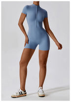 Zipper Short-Sleeve Yoga Bodysuit | Push-Up Gym Tracksuit
