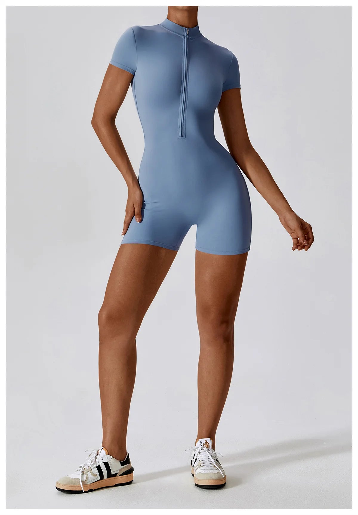 Zipper Short-Sleeve Yoga Bodysuit | Push-Up Gym Tracksuit