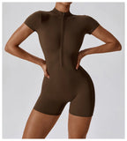Zipper Short-Sleeve Yoga Bodysuit | Push-Up Gym Tracksuit
