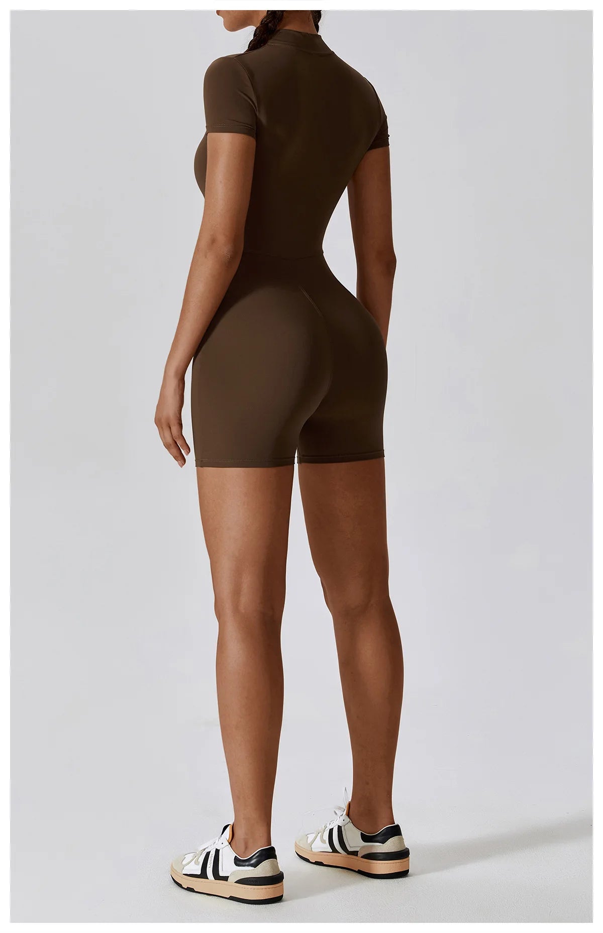 Zipper Short-Sleeve Yoga Bodysuit | Push-Up Gym Tracksuit