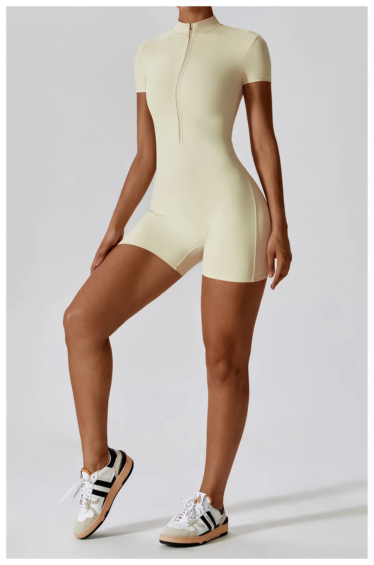 Zipper Short-Sleeve Yoga Bodysuit | Push-Up Gym Tracksuit