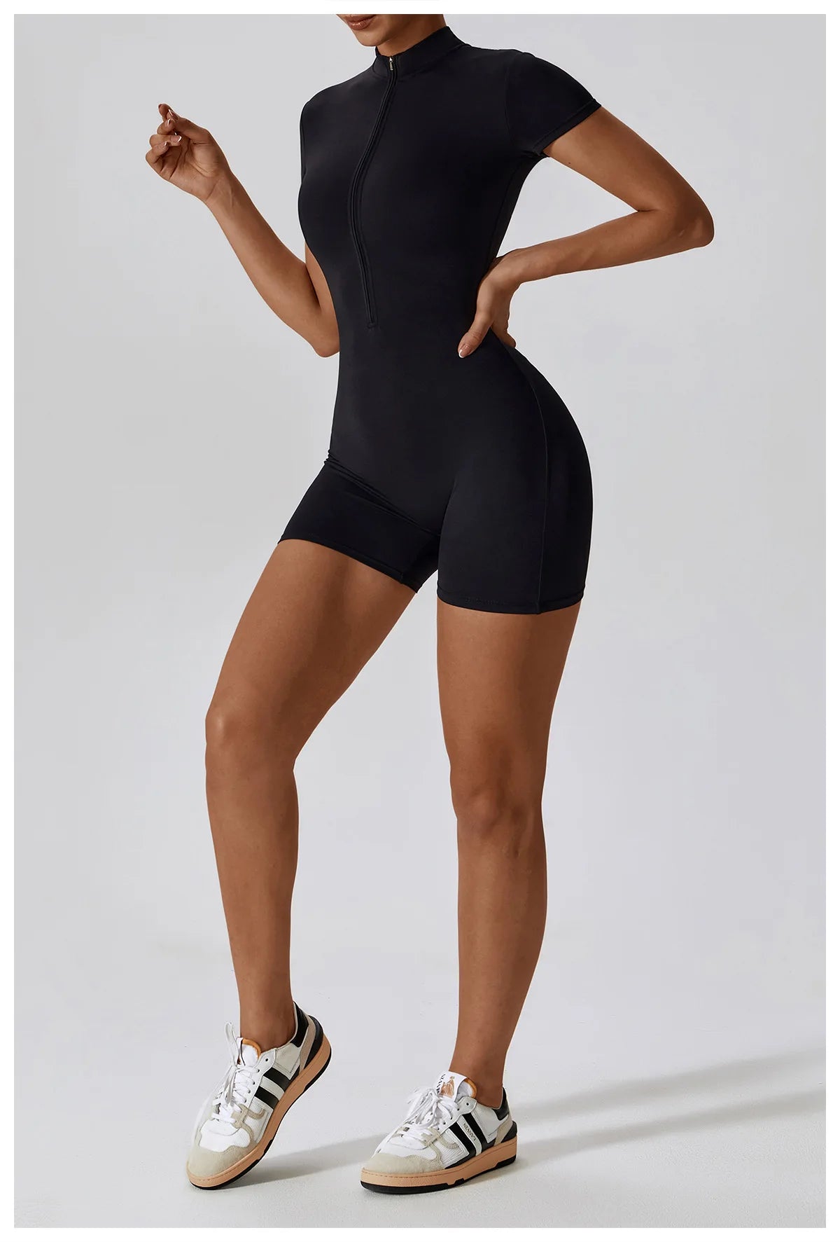 Zipper Short-Sleeve Yoga Bodysuit | Push-Up Gym Tracksuit