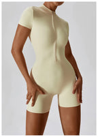 Zipper Short-Sleeve Yoga Bodysuit | Push-Up Gym Tracksuit