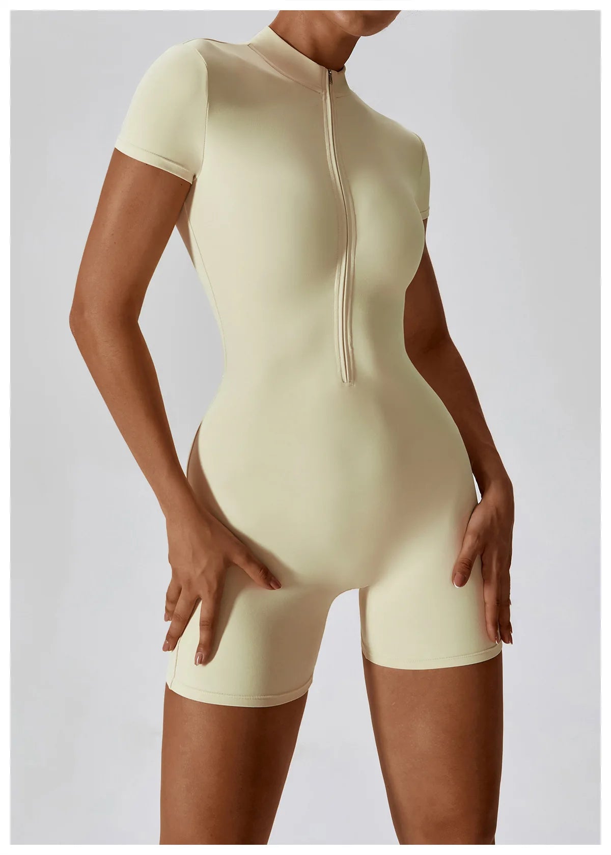 Zipper Short-Sleeve Yoga Bodysuit | Push-Up Gym Tracksuit
