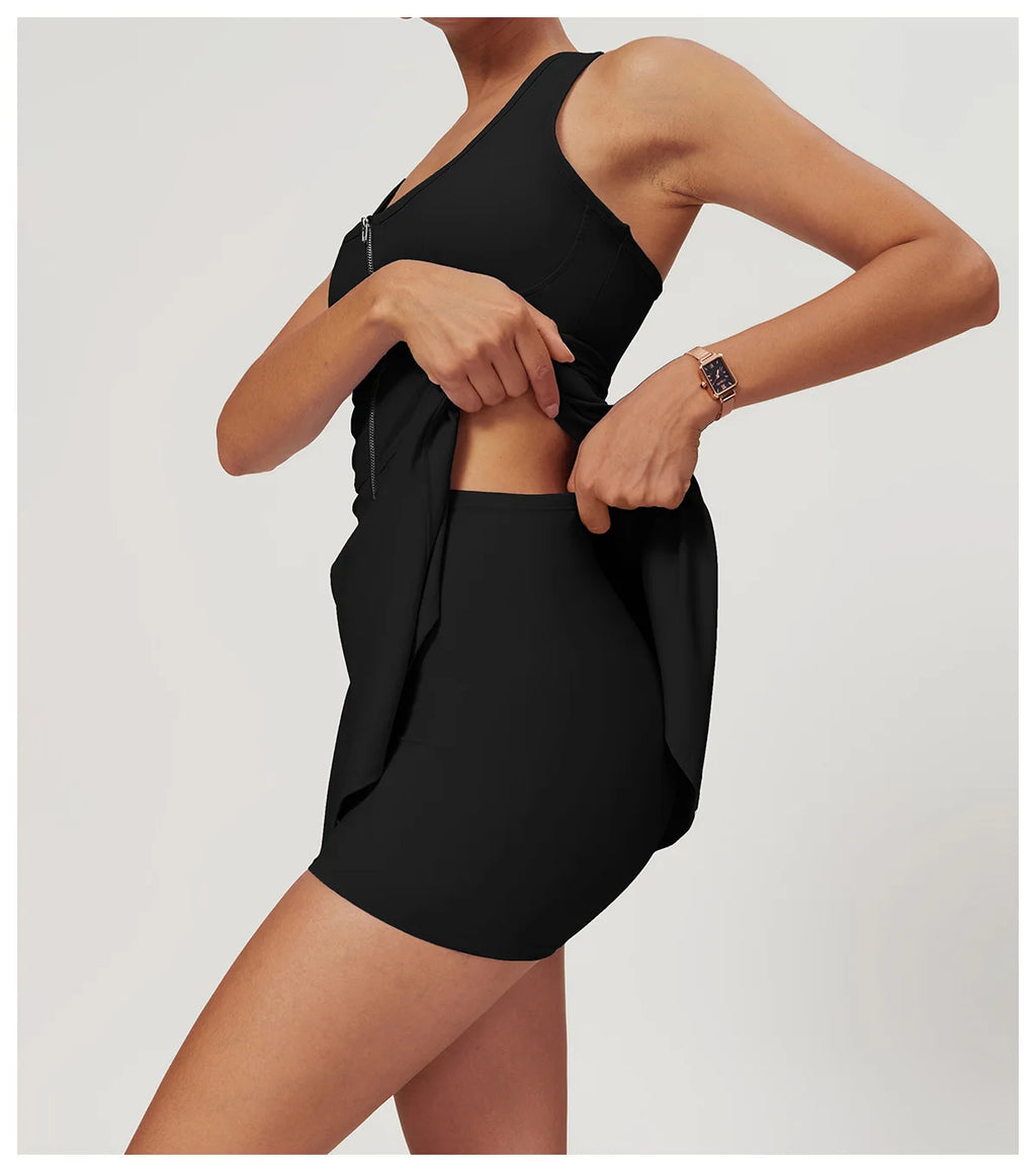 Sleeveless Zipper Yoga Dress Bodysuit