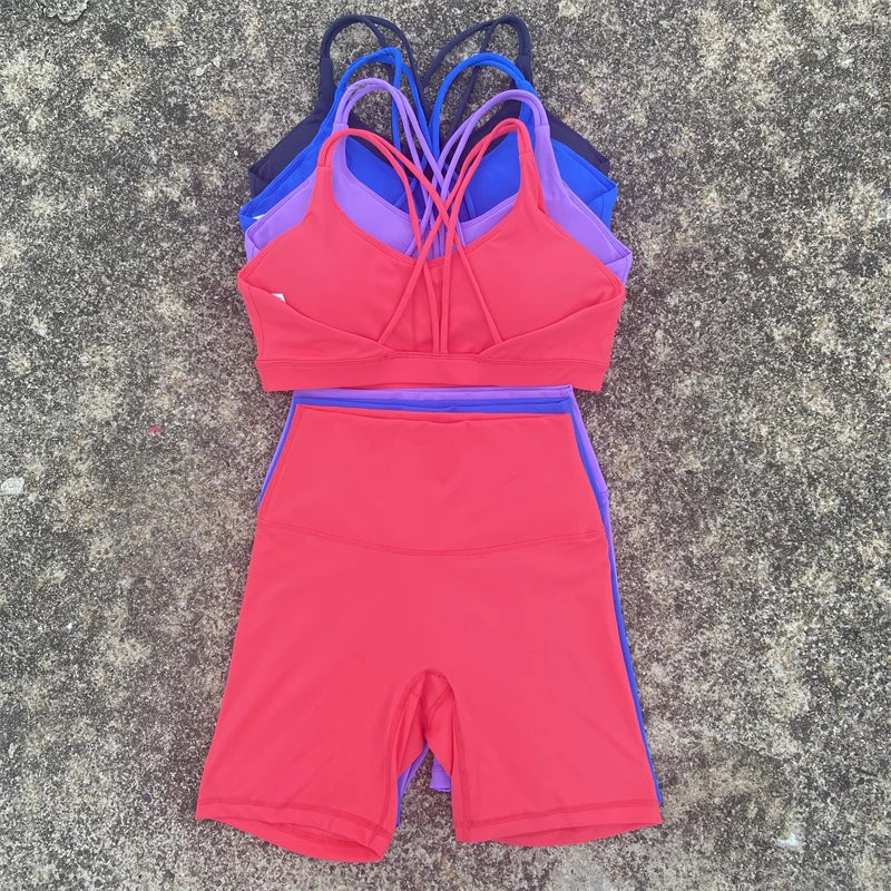 NLW Cross-Back Sports Bra & Short Leggings 2-Piece Tracksuit – Seamless Gym Workout Set