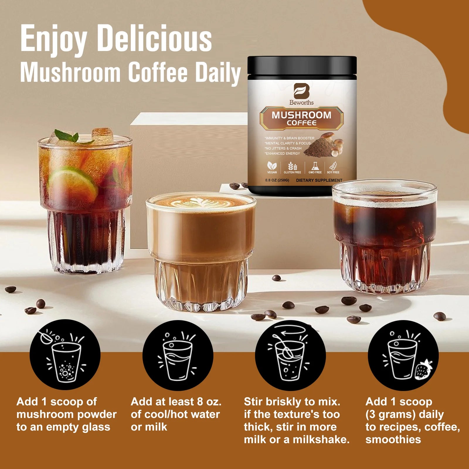 NLW - Mulittea 10 Mushroom Extract Powder - Lion's Mane & Cordyceps for Energy & Focus