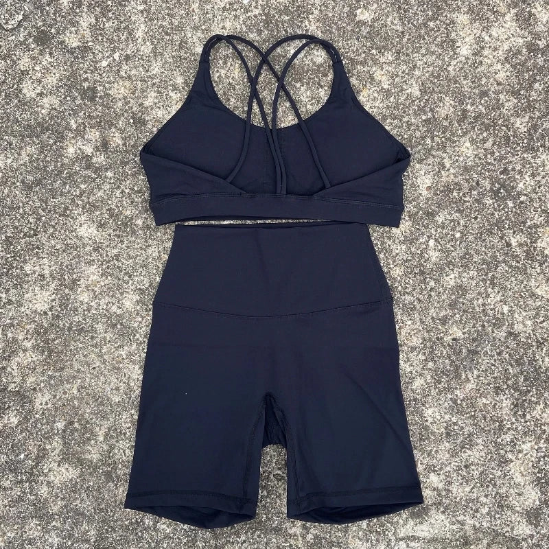 NLW Cross-Back Sports Bra & Short Leggings 2-Piece Tracksuit – Seamless Gym Workout Set