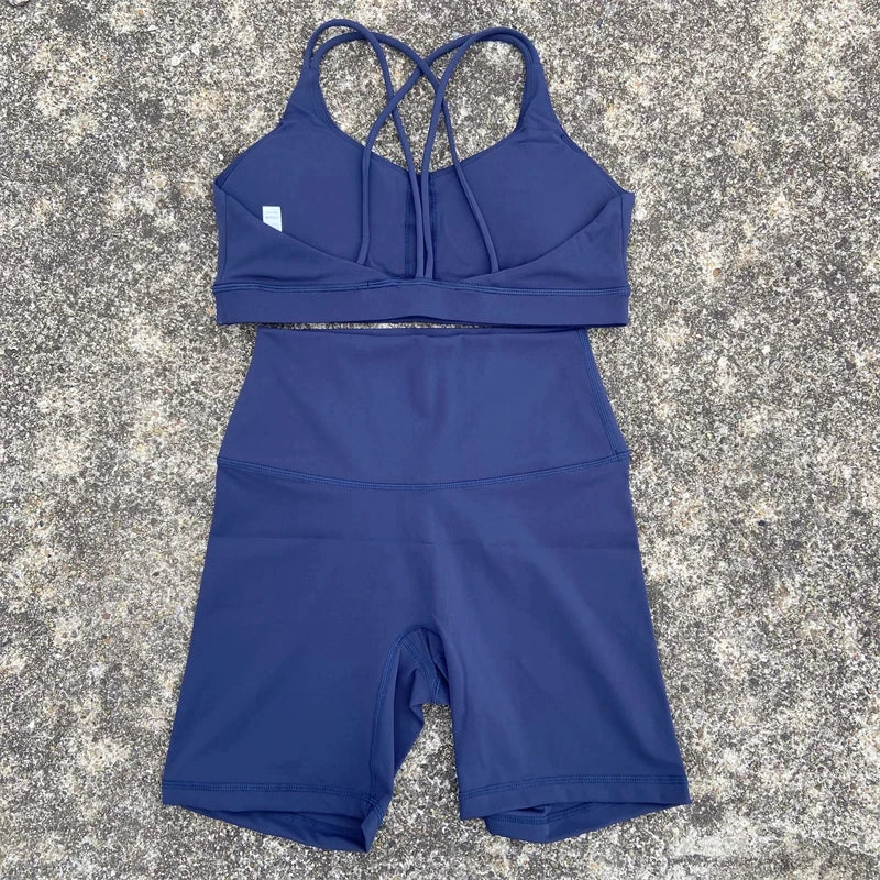 NLW Cross-Back Sports Bra & Short Leggings 2-Piece Tracksuit – Seamless Gym Workout Set